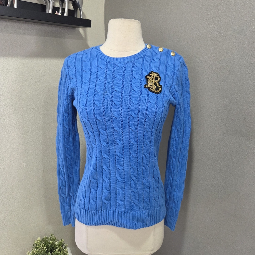Lauren Ralph Lauren Blue Cable Knit Crewneck Sweater with Gold Buttons & Crest